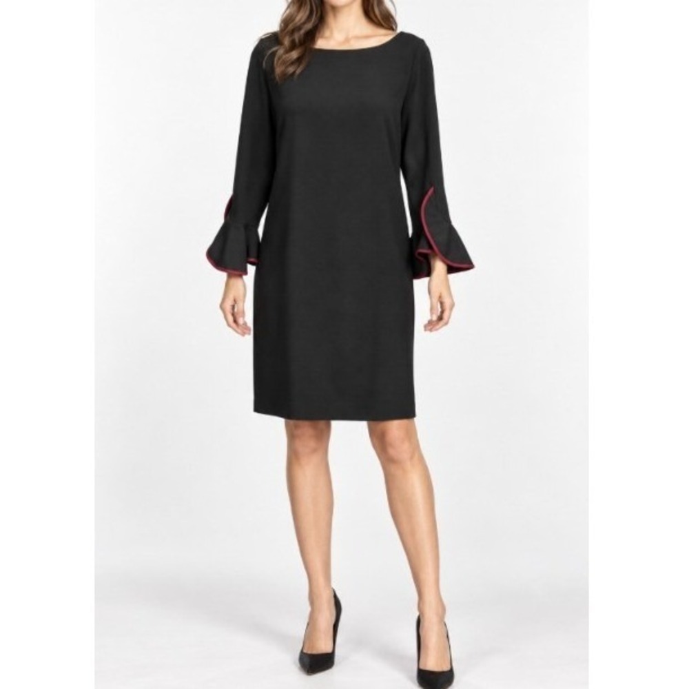 Karl Lagerfeld Sheath Dress Womens 12 Black Tulip 3/4 Sleeve Lined Modern Career